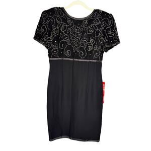 New Vintage Stenay Black Beaded Floral Empire Waist Bow Low Back Chiffon Dress 8